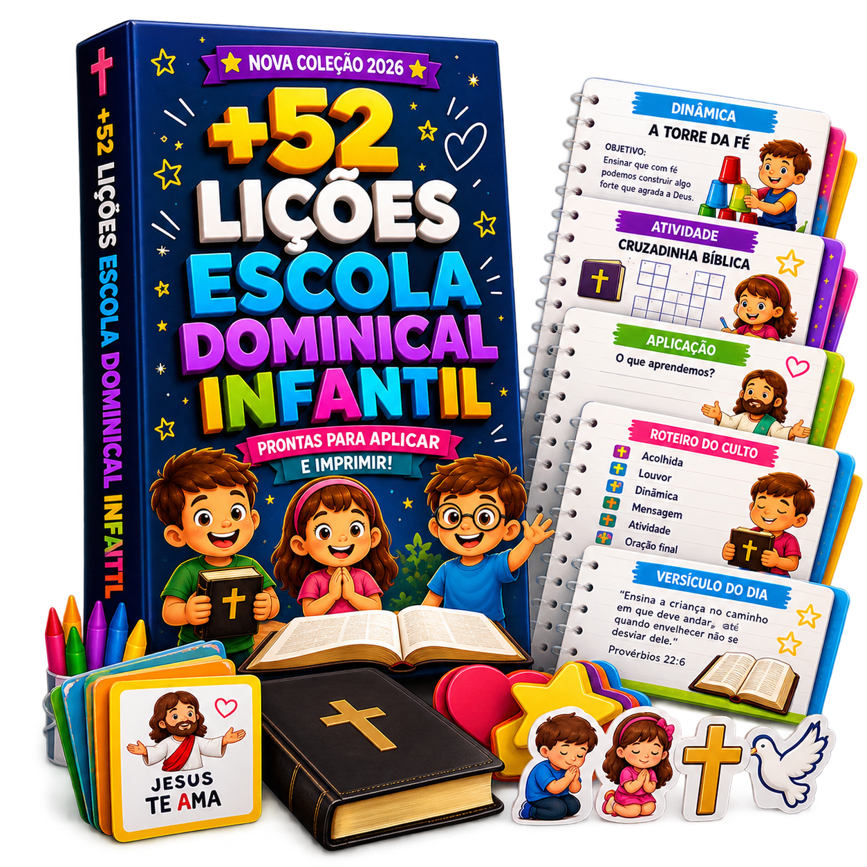 Capa do material +52 Lições Escola Dominical Infantil, prontas para aplicar e imprimir